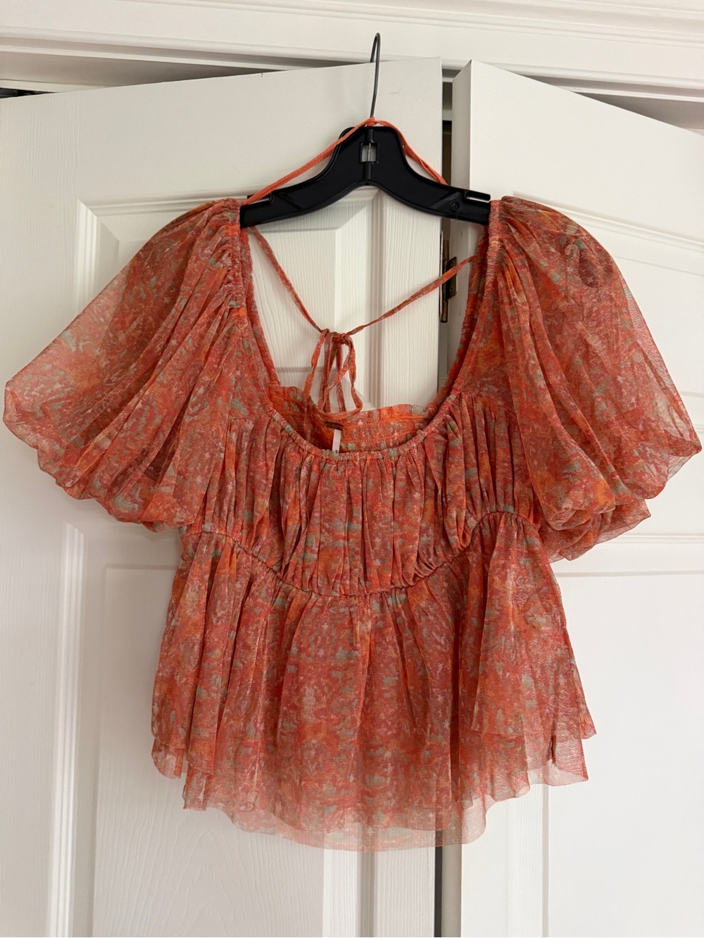 Free People Orange Floral Puff-Sleeve Flowy Top